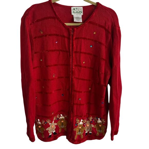 The Quaker Factory Christmas cardigan sweater Red Reindeer Large vintage 1990s - Picture 1 of 11